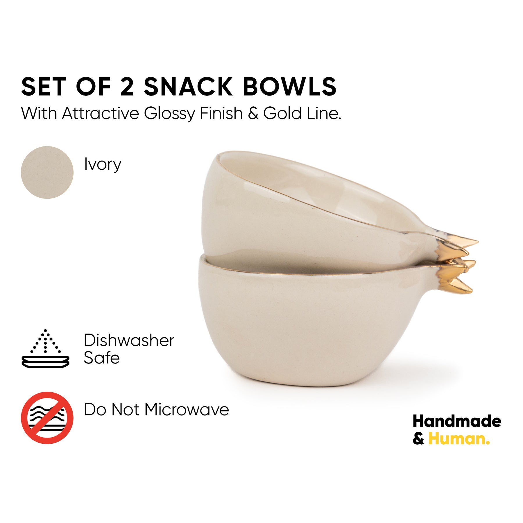 Ceramic Anar Bowl Set for Nuts, 330ml, 4 Pieces, Off-White with Gold Line | Decor Collection | Glossy Finish