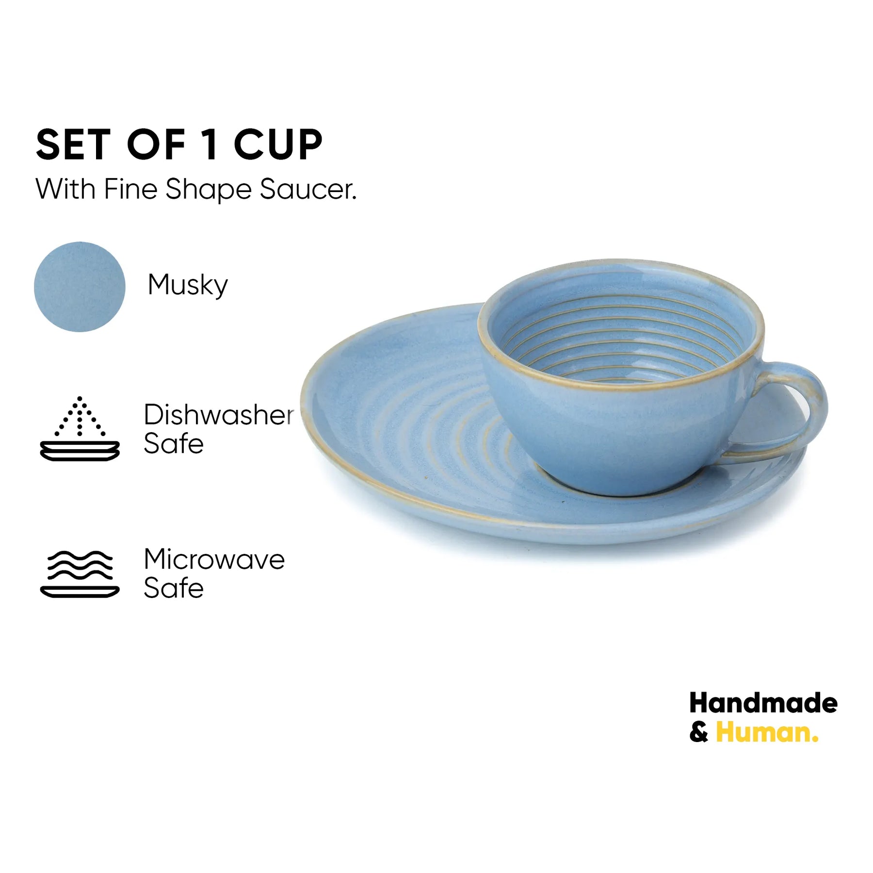 Blue ceramic cup and saucer set with product details on a white background