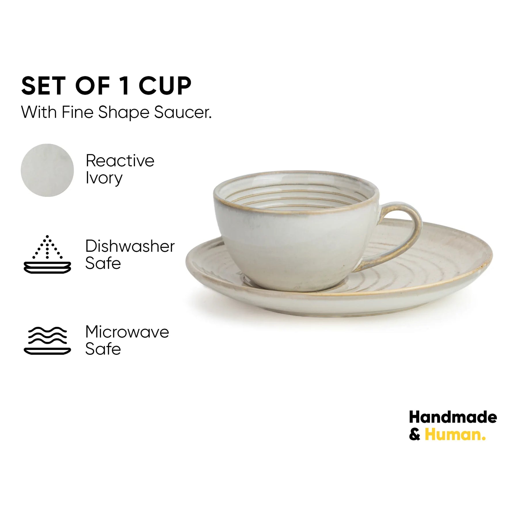 Ceramic cup and saucer set with 'Handmade & Human' branding on a white background
