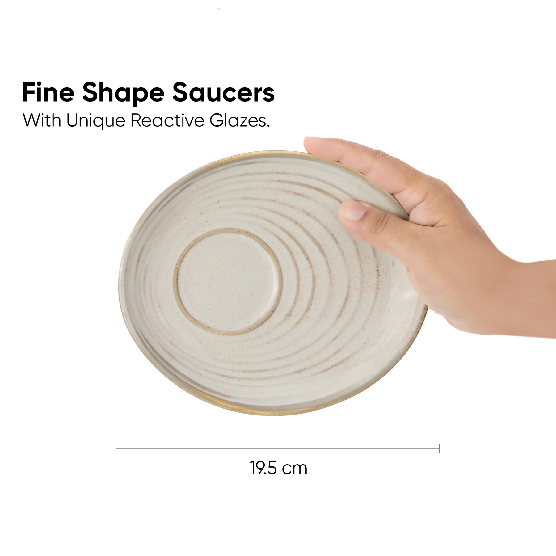 Hand holding a ceramic saucer with text about fine shape saucers and reactive glazes.