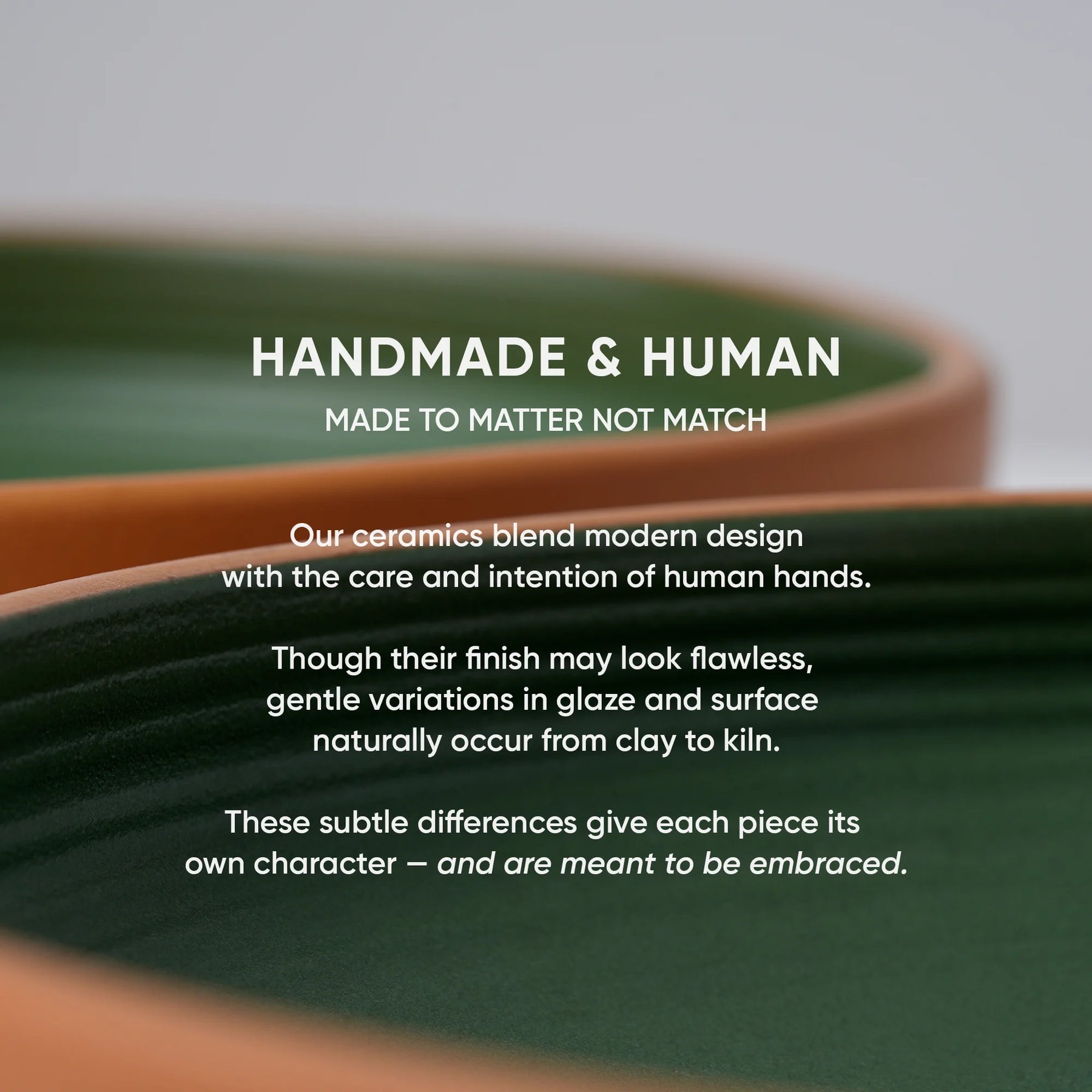 Ceramic bowls with text about handmade and human-made ceramics.