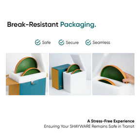 Advertisement for break-resistant packaging with images of a product being securely packed.
