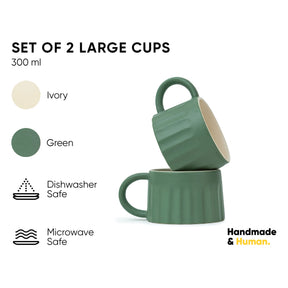 Set of 2 green large cups with product details on a white background