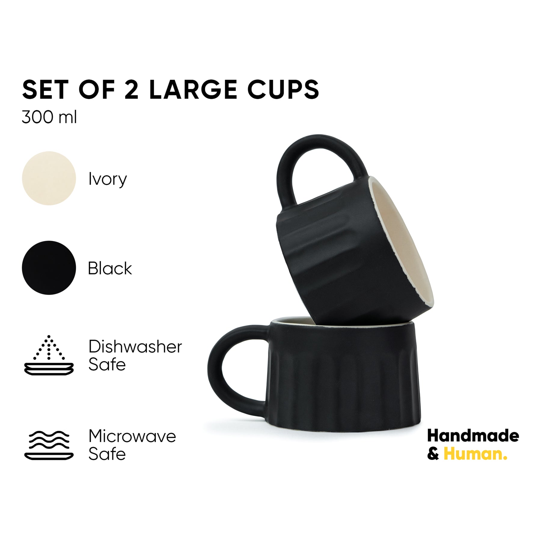 Ceramic Line Cappuccino Cup, Set of 2, Black, 300ml | Coffee Cup | Matte Finish | Large Cup for Coffee | Ceramic Cup | Premium Stoneware Coffee Cup