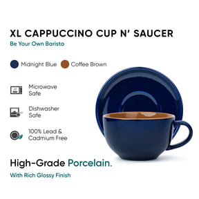 Blue cappuccino cup and saucer set with text on a white background