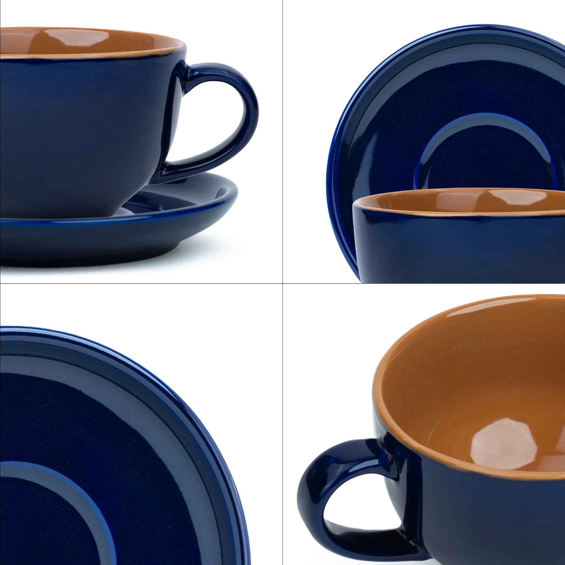 Navy blue and brown ceramic cup and saucer set on a white background
