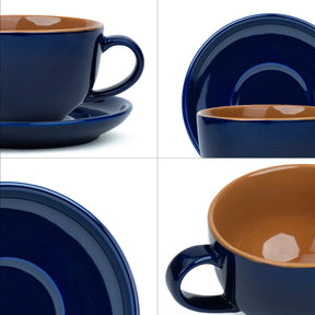 Navy blue and brown ceramic cup and saucer set on a white background