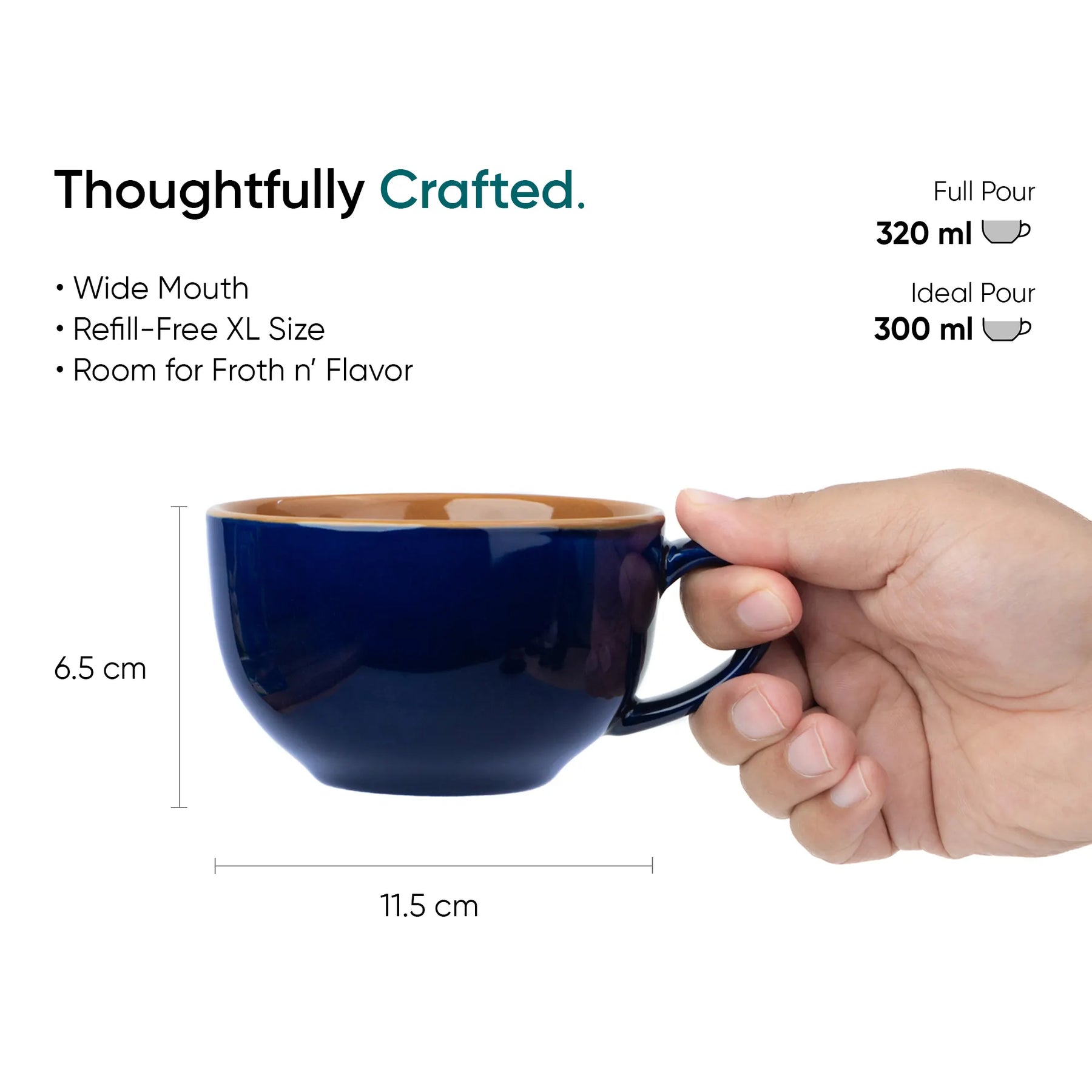Blue mug with wooden interior held by a hand, showing measurements and text about the mug's features.