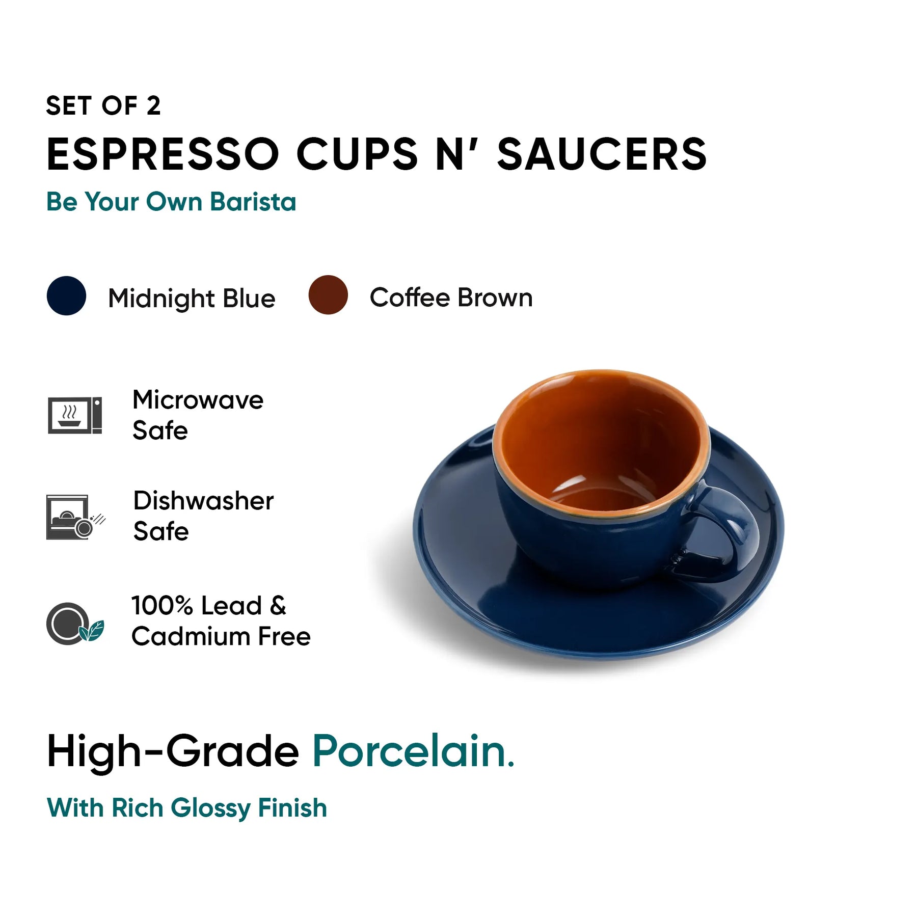 Set of 2 espresso cups and saucers with color options and safety features on a white background