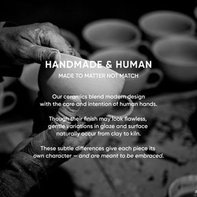 Black and white image of hands working with clay, with text about handmade ceramics.