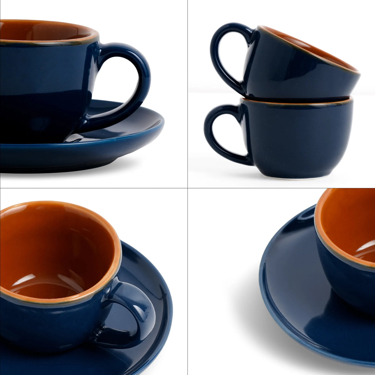 Collage of blue and brown ceramic cups and saucers on a white background
