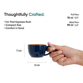 Blue espresso cup held by a hand with measurements and text on a white background