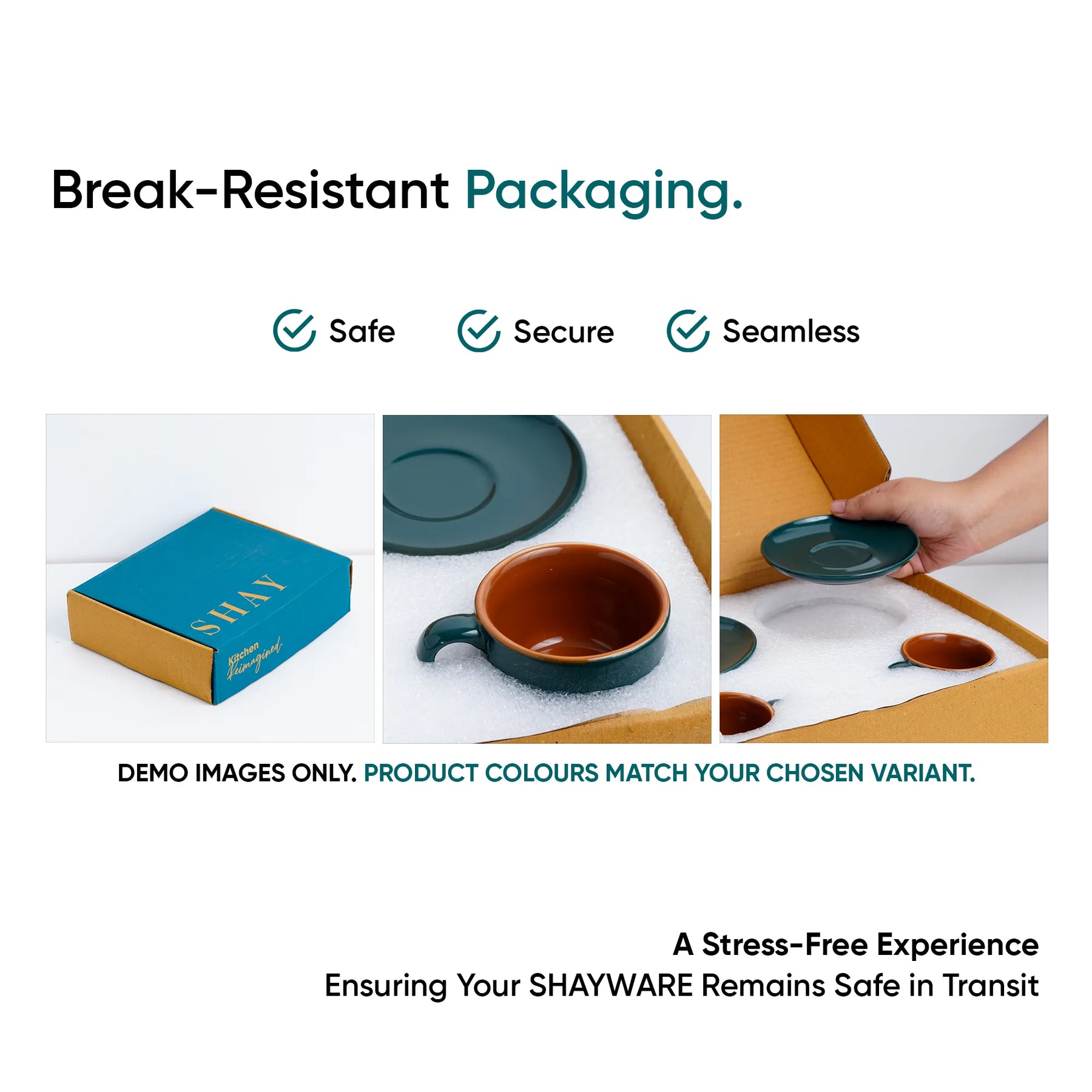 Advertisement for break-resistant packaging with SHAYWARE products and text highlighting safety, security, and seamless experience.