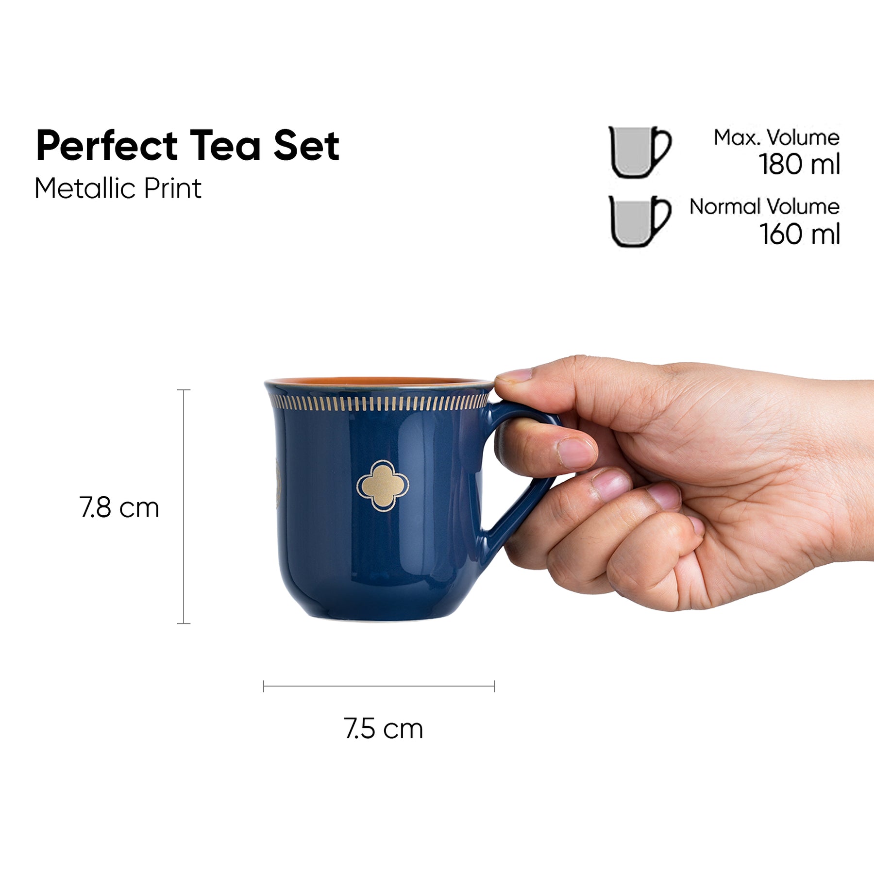 Royal Tea Cup Set – Set of 6 | Blue | 180ml | Floral Print