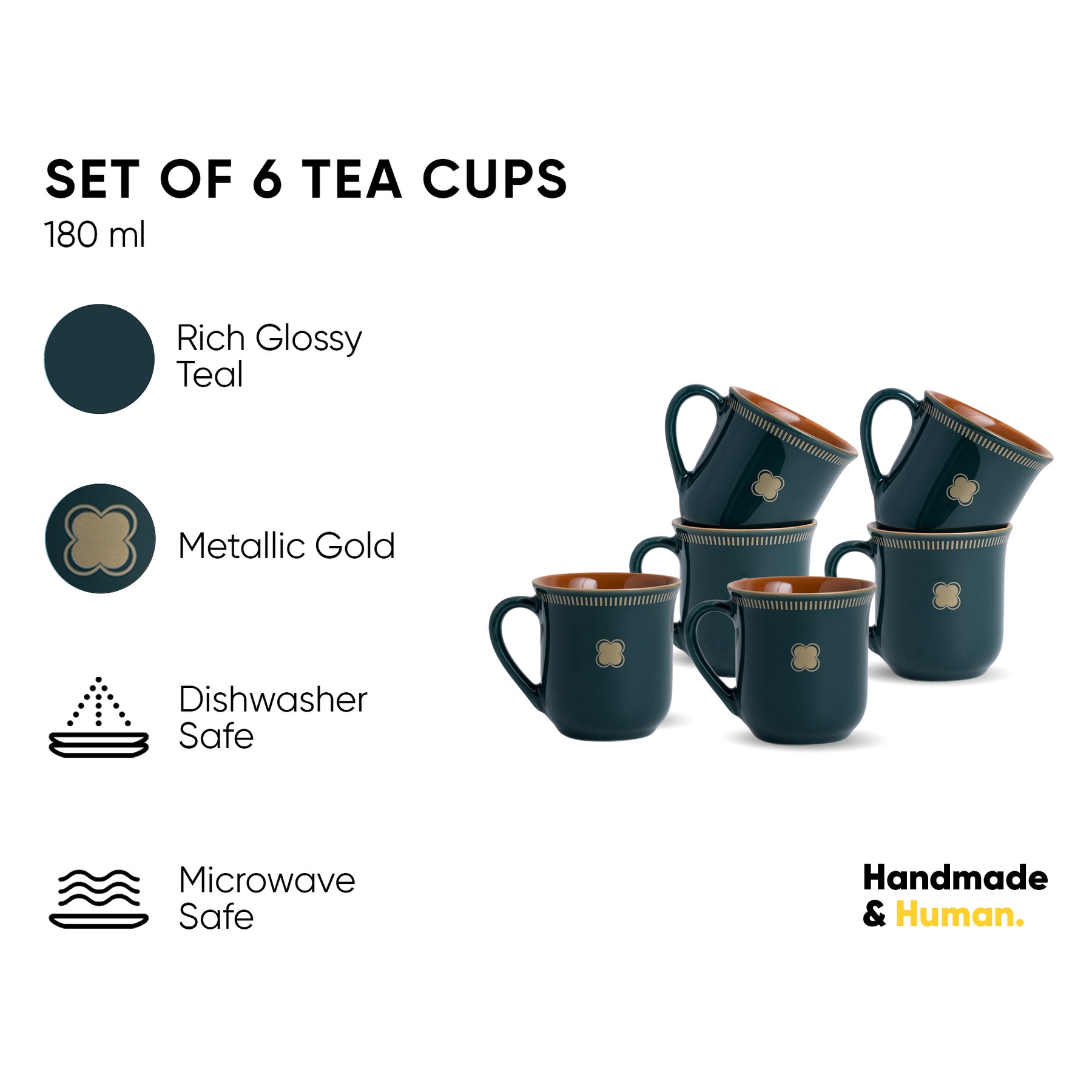 Royal Tea Cup Set – Set of 6 | Teal Green | 180ml | Floral Print