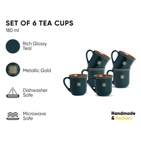 Royal Tea Cup Set – Set of 6 | Teal Green | 180ml | Floral Print