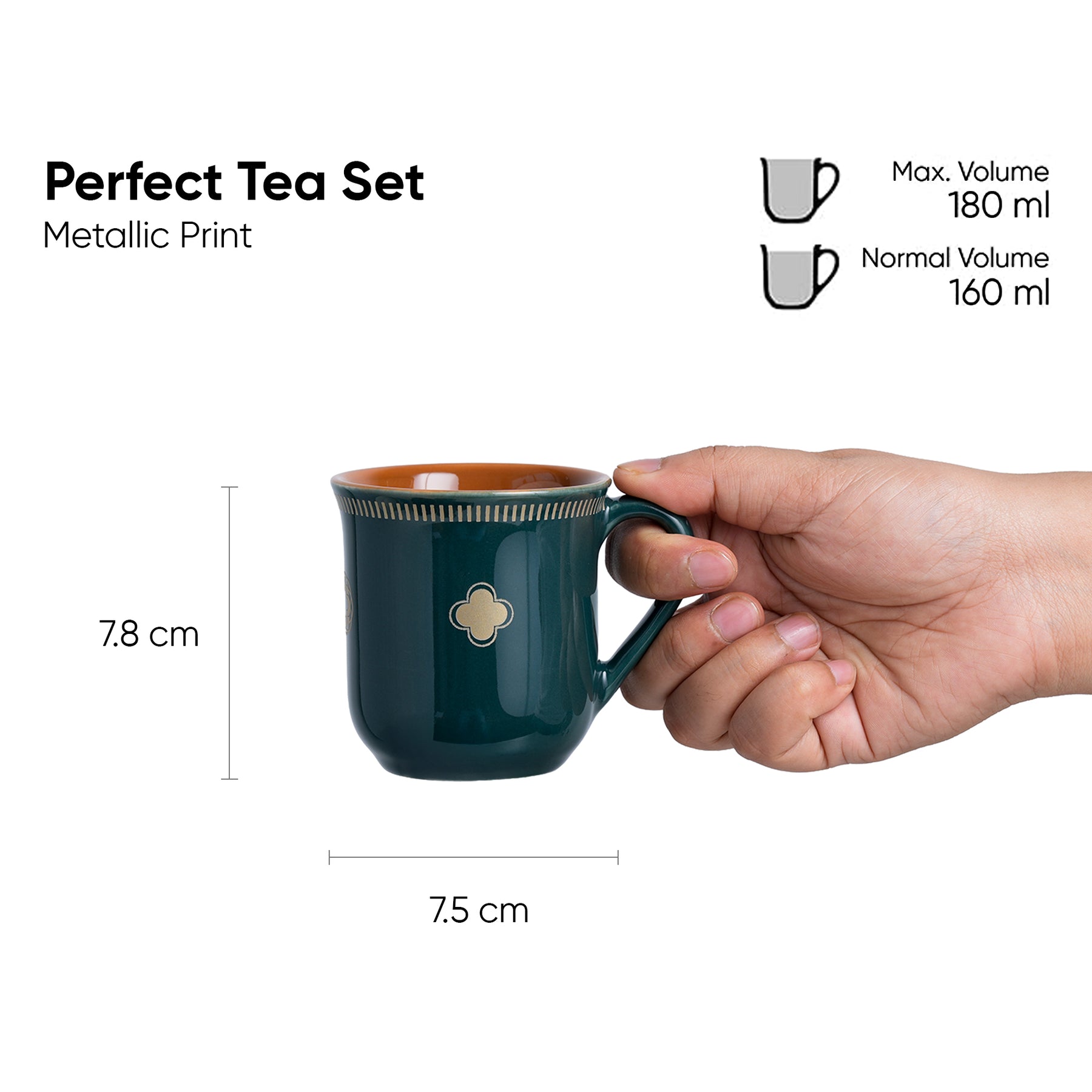 Royal Tea Cup Set – Set of 6 | Teal Green | 180ml | Floral Print