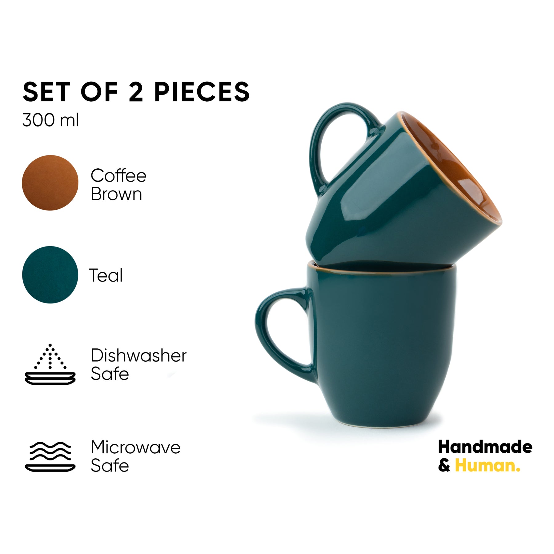 Ceramic Coffee Mug Set, Set of 2, 300ml, Teal Green | Midnight Collection | Glossy Finish
