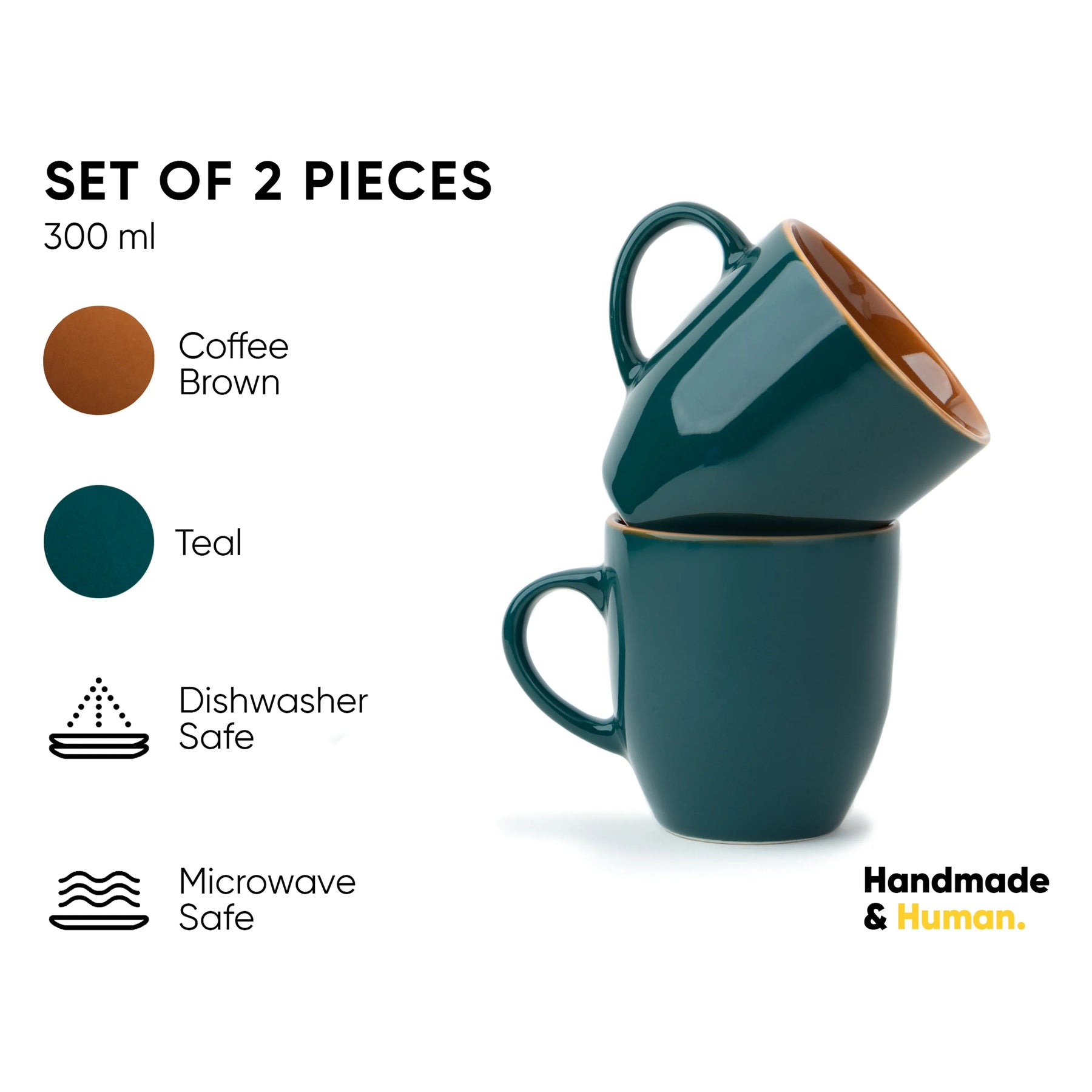 Set of two teal mugs with coffee brown interior, labeled 'Handmade & Human'.