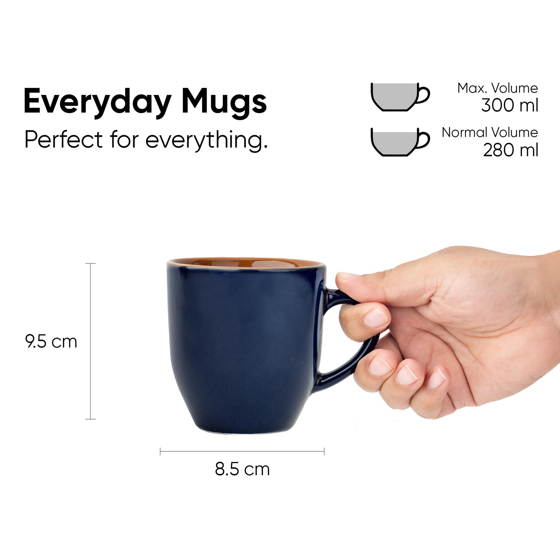 Navy blue mug held by a hand with measurements and volume details on a white background