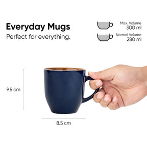 Navy blue mug held by a hand with measurements and volume details on a white background