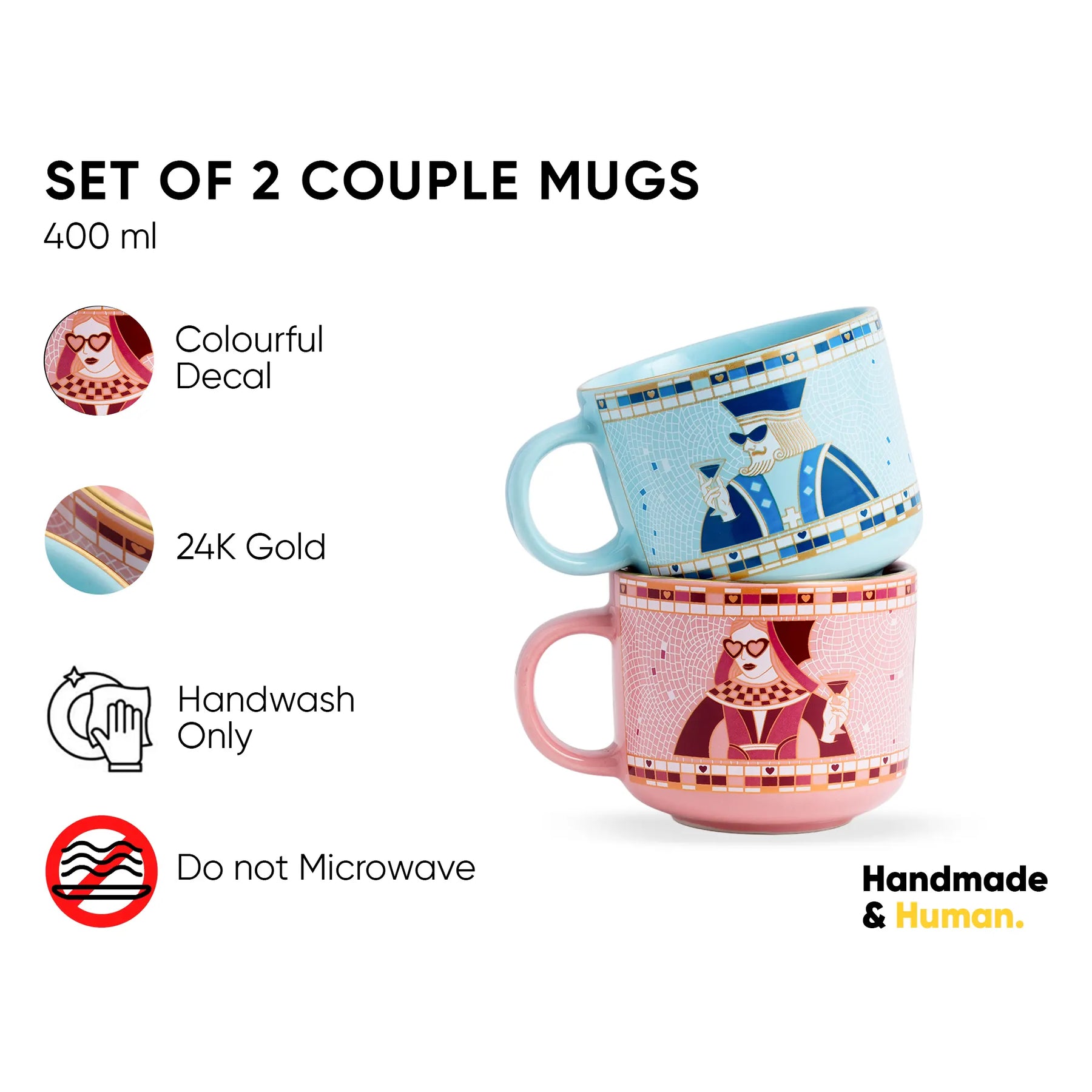 Set of 2 couple mugs with colorful decal and 24K gold details, on a white background.