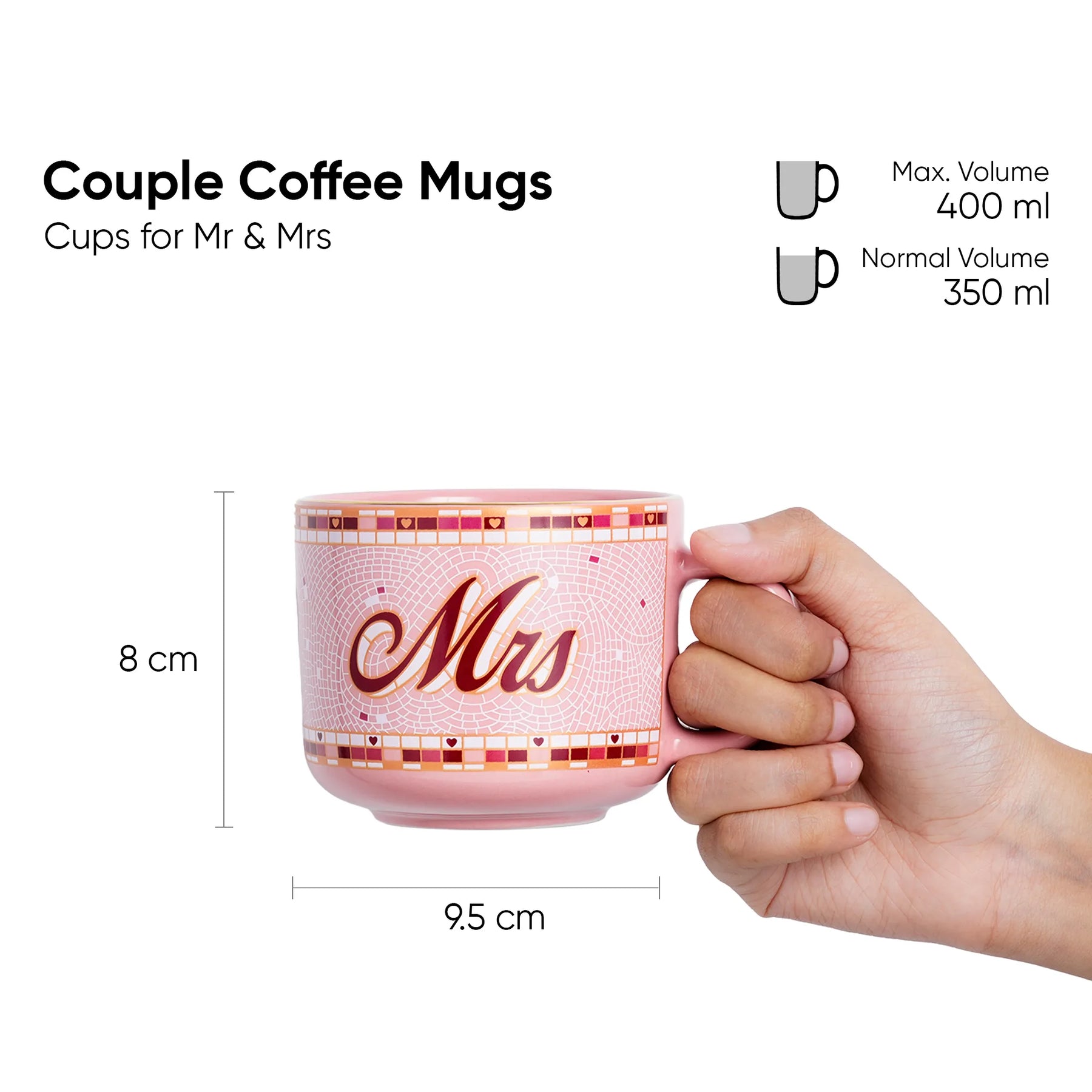 Pink mug with 'Mrs' text held by a hand, showing dimensions and volume details.