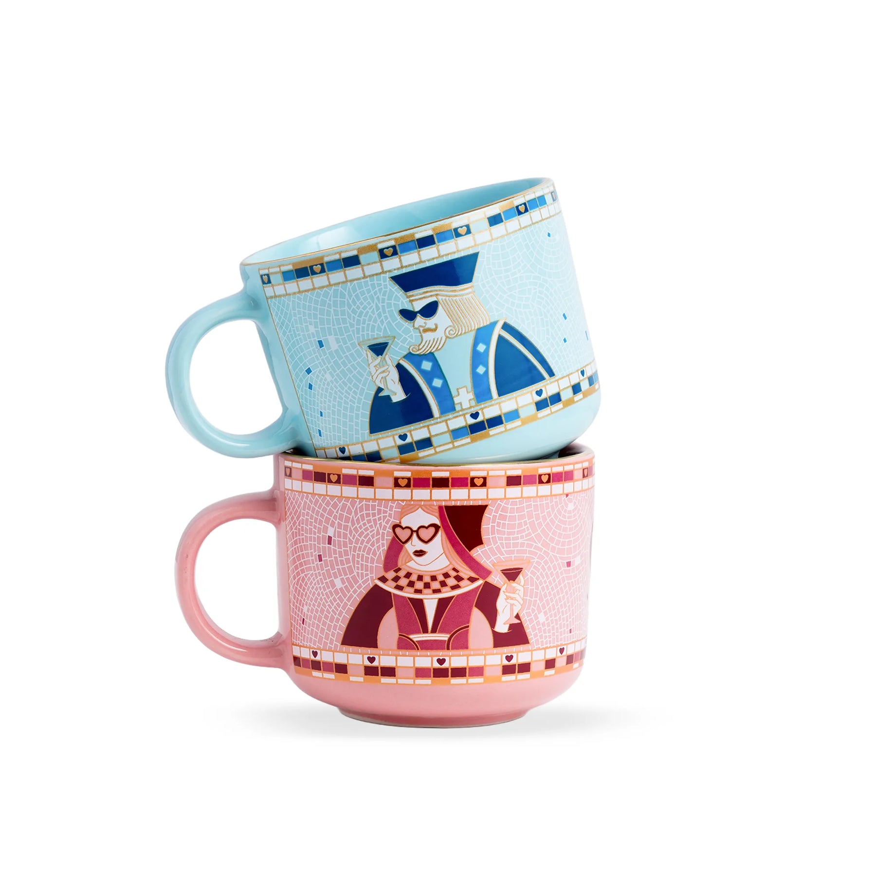 Two decorative mugs stacked on a white background