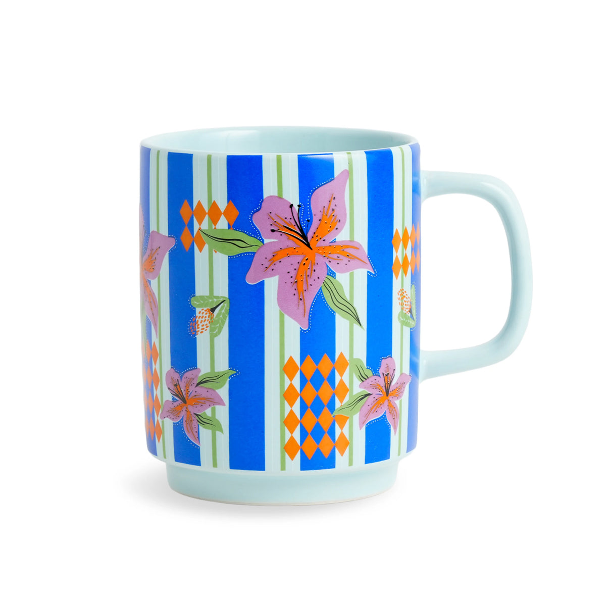 Mug with floral design and blue stripes on a white background