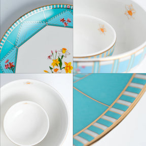 Collage of ceramic plates with floral and geometric designs.