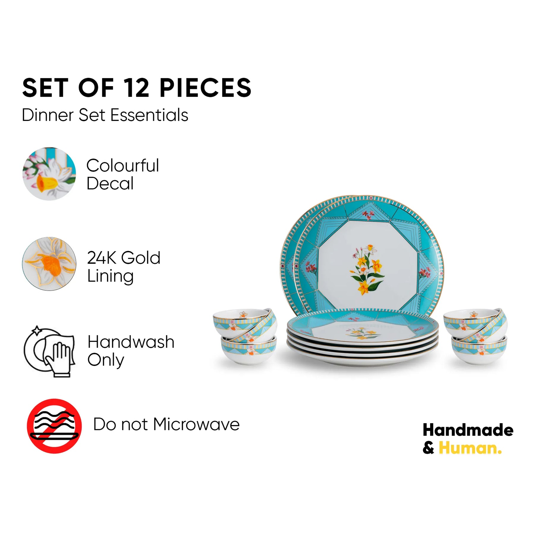 Dinner set with colourful decal and 24K gold lining, featuring 'Handmade & Human' branding.