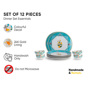 Dinner set with colourful decal and 24K gold lining, featuring 'Handmade & Human' branding.