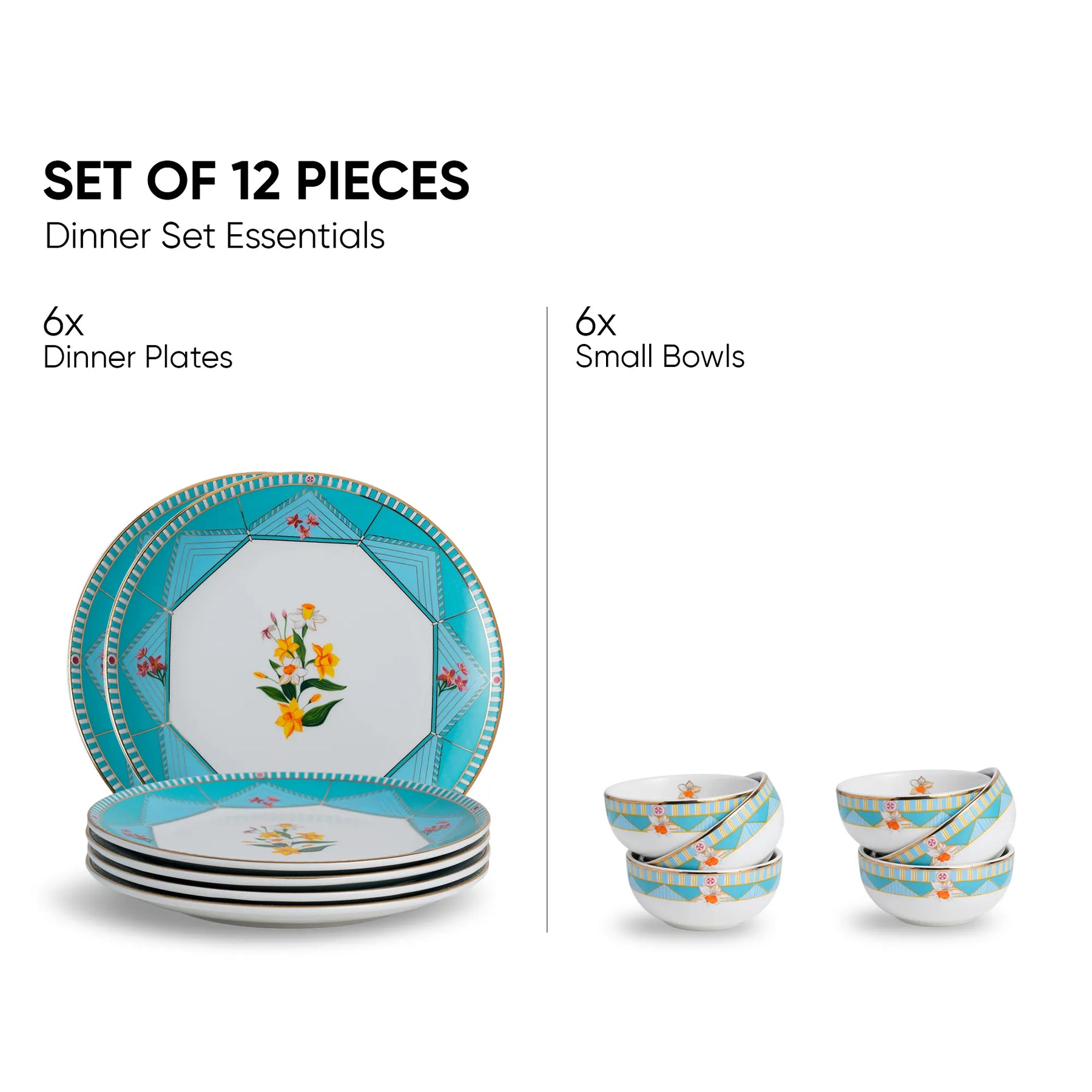Dinner set with 6 dinner plates and 6 small bowls on a white background