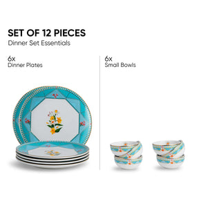 Dinner set with 6 dinner plates and 6 small bowls on a white background