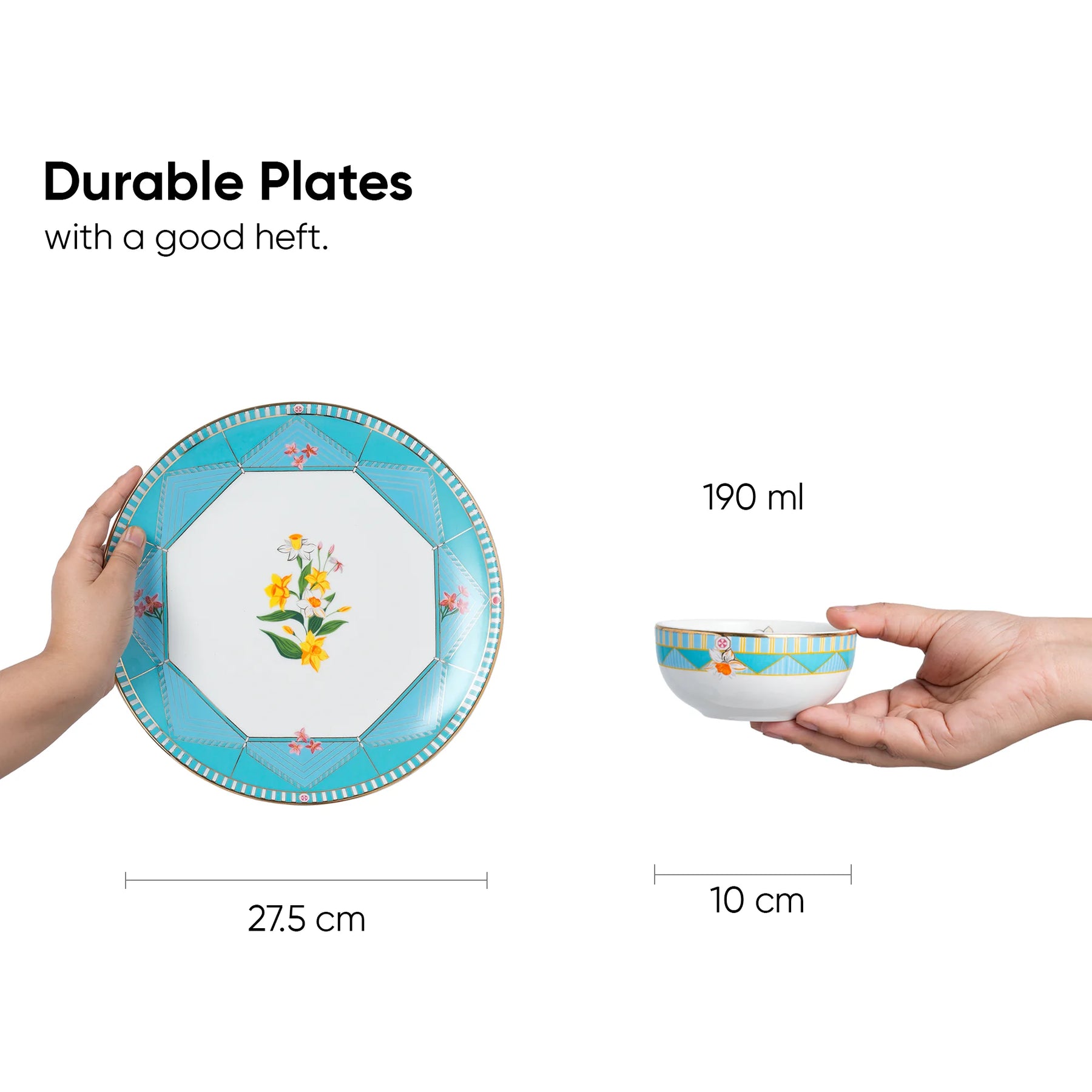 Durable plates with floral design held by hands, showing size and weight information.