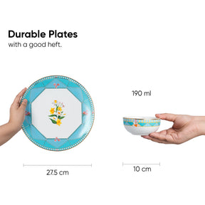 Durable plates with floral design held by hands, showing size and weight information.