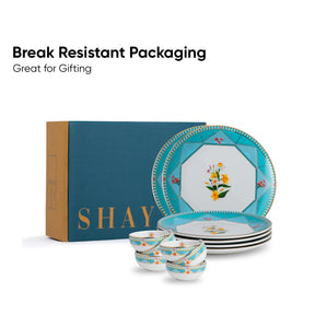 SHAY ceramic set with floral design in a box labeled 'Break Resistant Packaging'.
