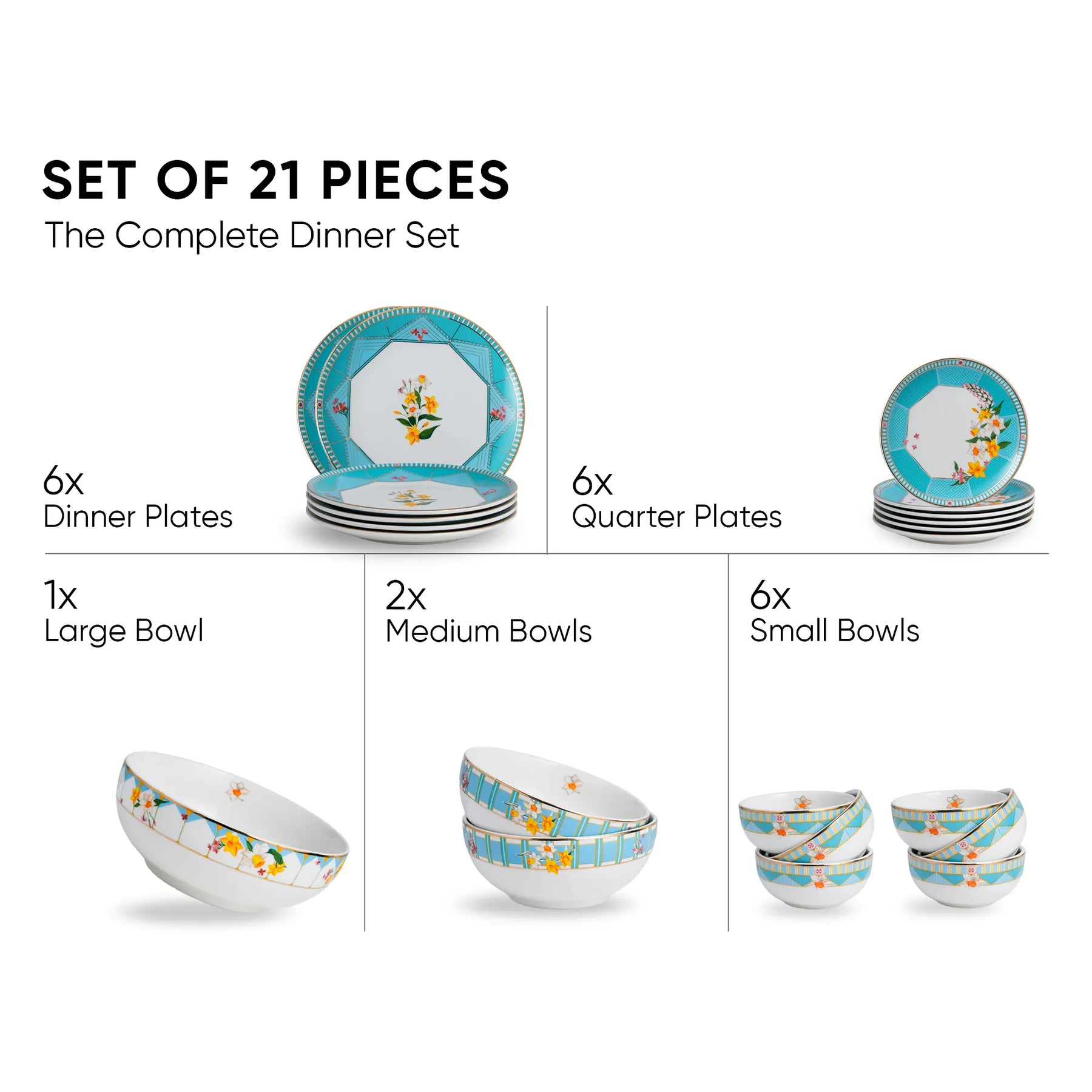 Dinner set with 21 pieces including dinner plates, quarter plates, a large bowl, medium bowls, and small bowls on a white background.