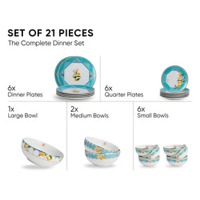Dinner set with 21 pieces including dinner plates, quarter plates, a large bowl, medium bowls, and small bowls on a white background.