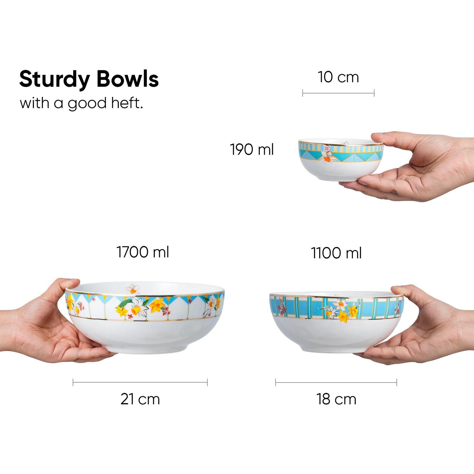 Three bowls of different sizes held by hands with measurements displayed.