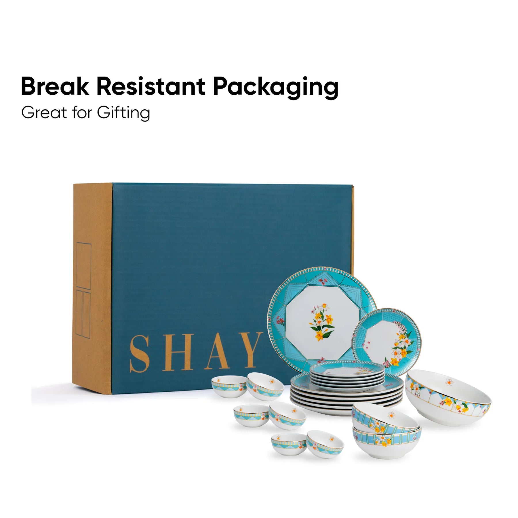 Set of ceramic dishes with 'SHAY' branding and text about break-resistant packaging on a white background.