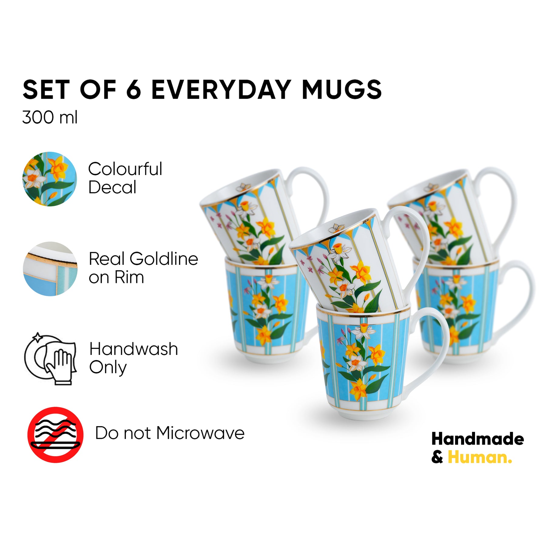 Nargis Ceramic Coffee Mug Set of 6 300ml, Glossy Porcelain Cups