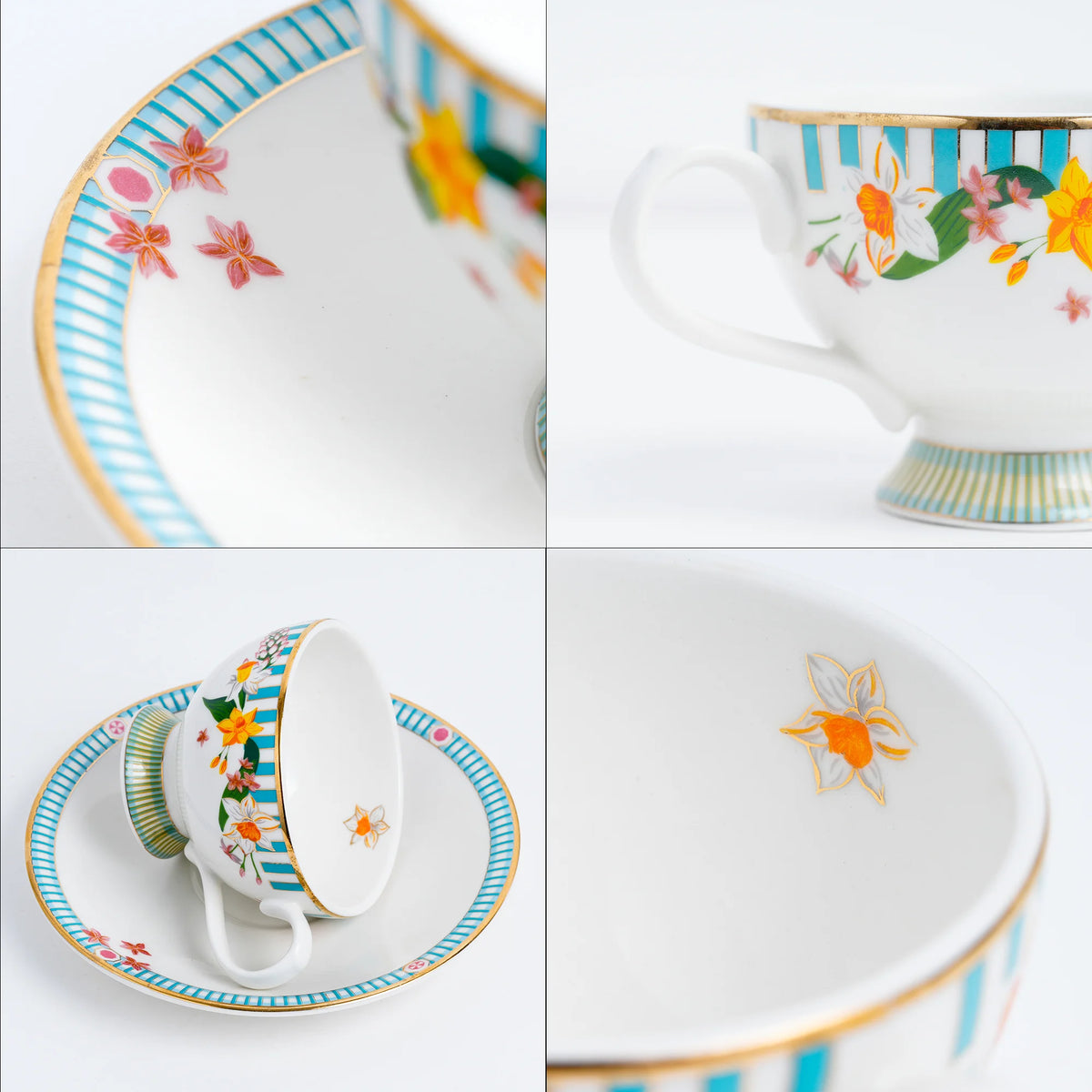 Set of ceramic teacup and saucer with floral designs on a white background