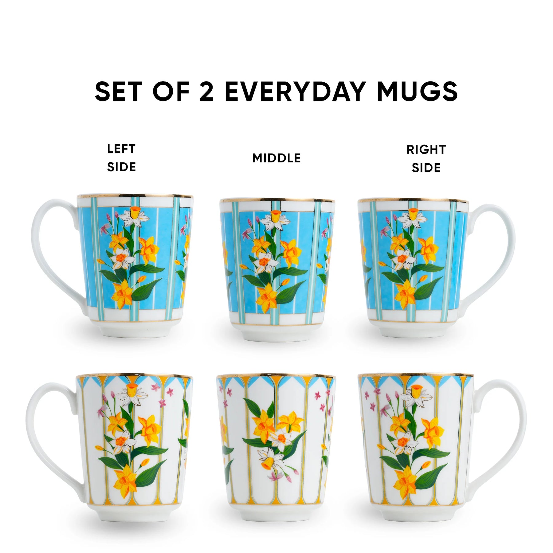 Set of 2 everyday mugs with floral design on a white background
