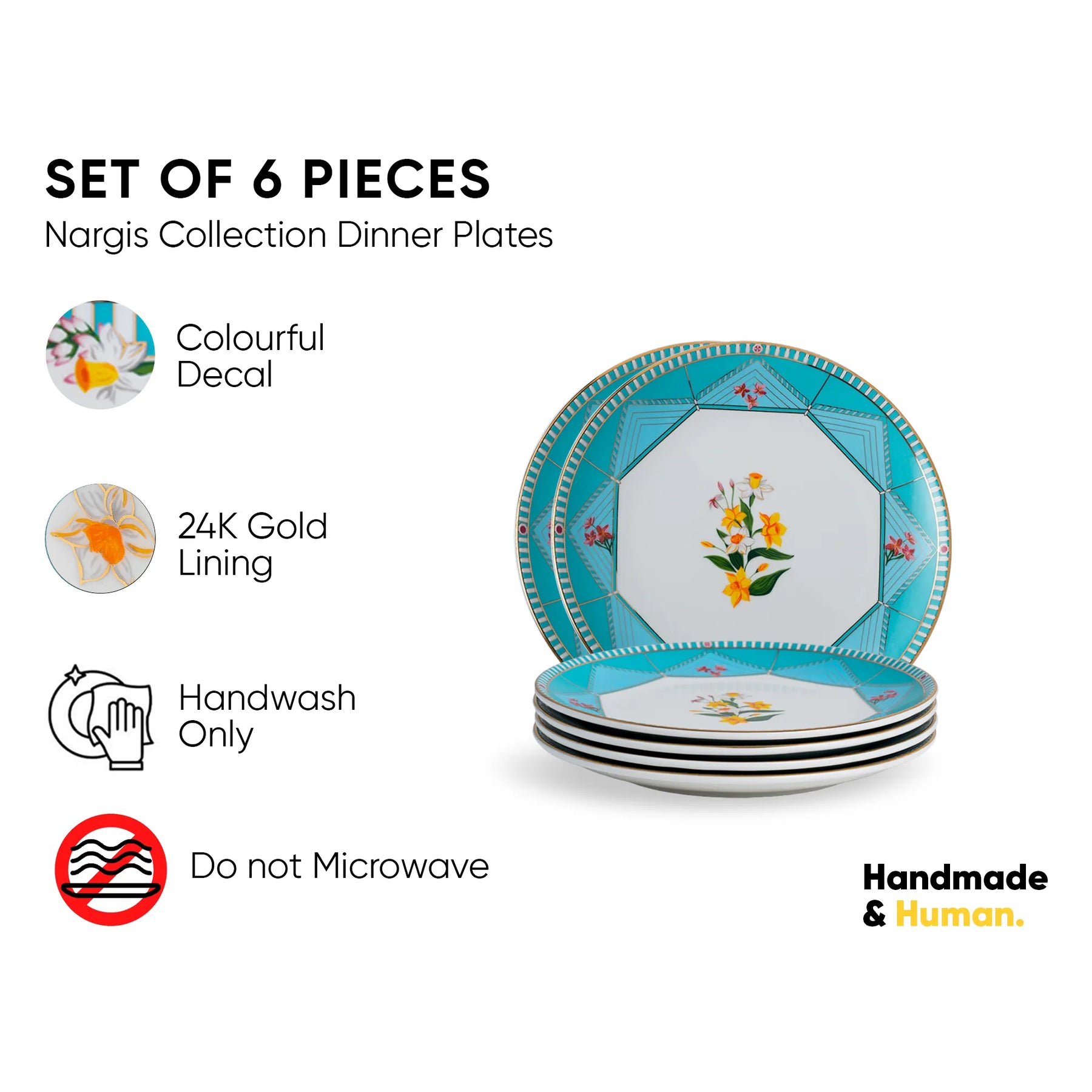 Set of 6 Nargis Collection dinner plates with colorful decal and 24K gold lining on a white background.