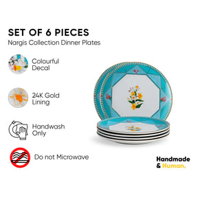 Set of 6 Nargis Collection dinner plates with colorful decal and 24K gold lining on a white background.