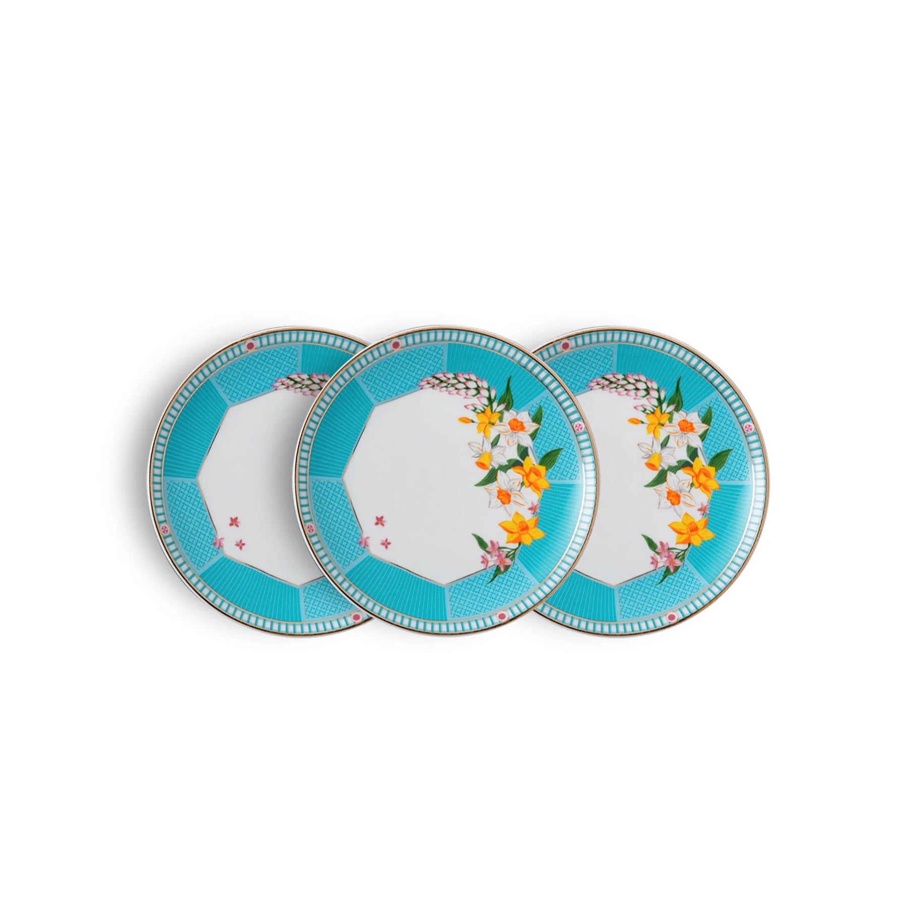Three decorative plates with floral designs on a white background