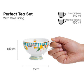 Tea cup with floral design held by a hand, showing measurements and volume details on a white background.