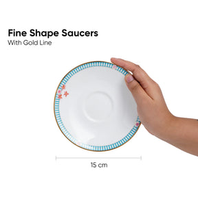 White saucer with decorative edge held by a hand, labeled 'Fine Shape Saucers With Gold Line' and '15 cm'.