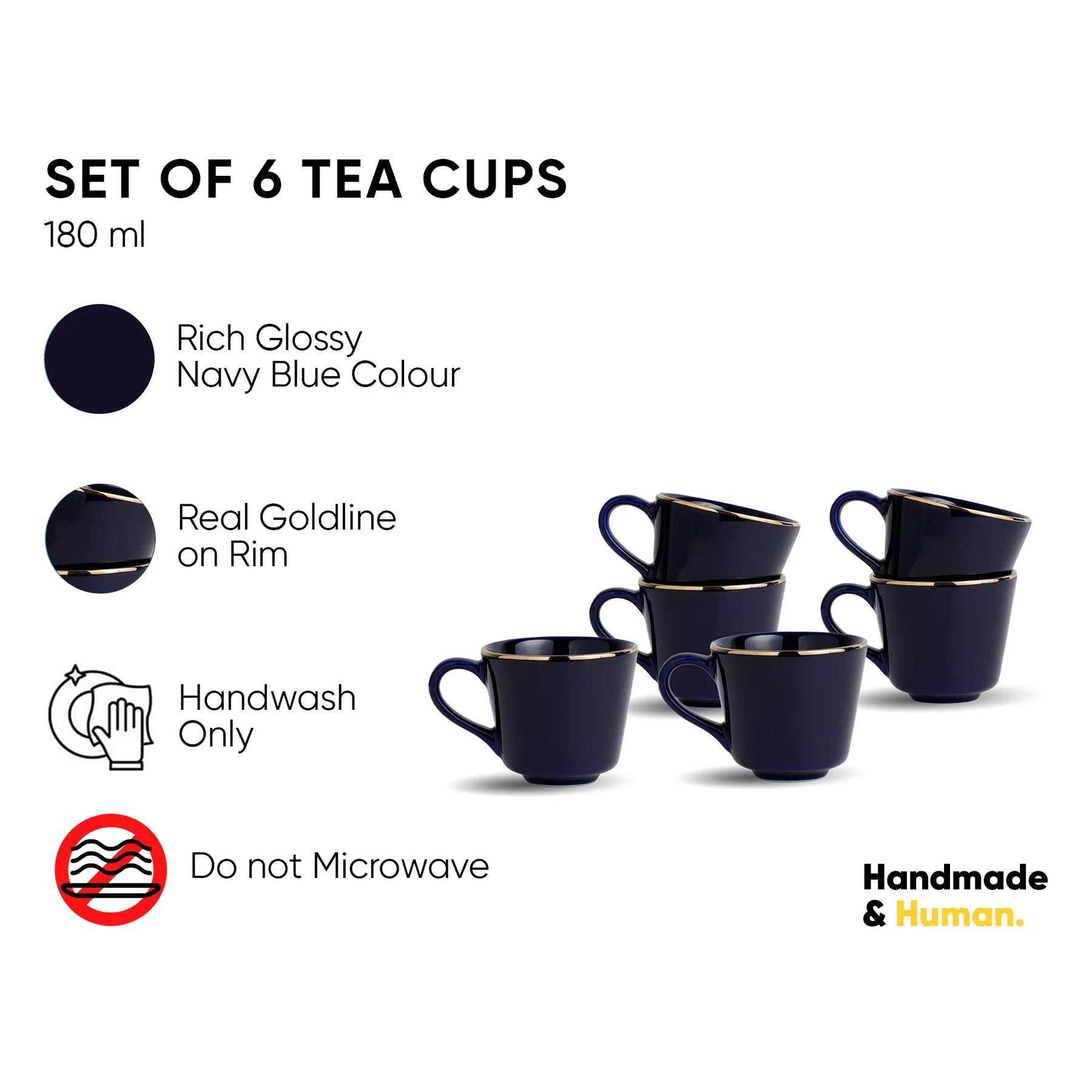 Set of 6 navy blue tea cups with gold rims on a white background, featuring product details and branding.